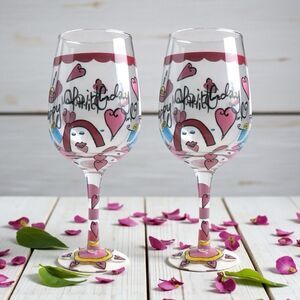 Set of 2 Lulu by 2 Saints Hand Painted HAPPY BIRTHDAY Wine Glass  6oz
